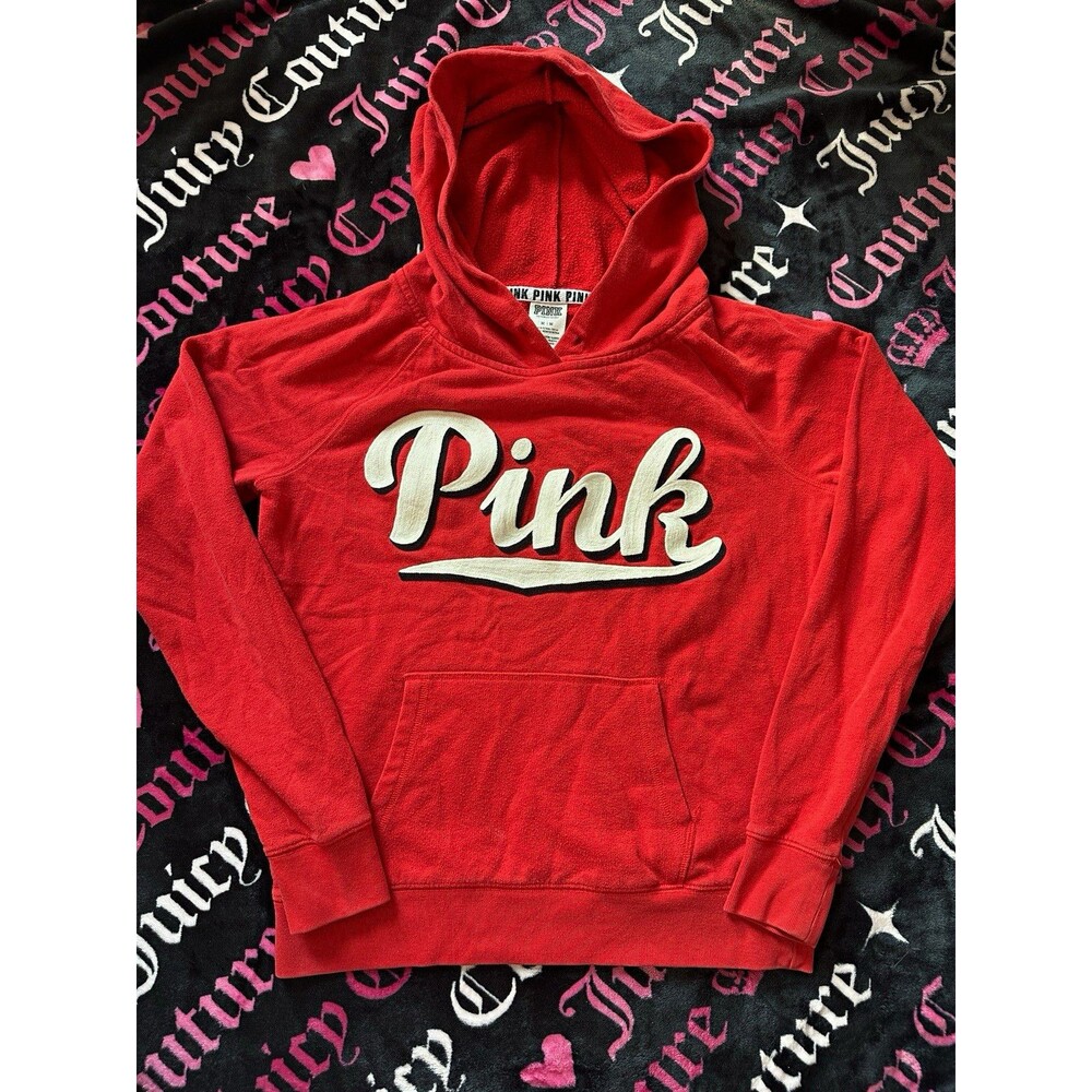 Victoria's Secret PINK Women's Red Fleece Logo Pullover Hoodie Pockets M